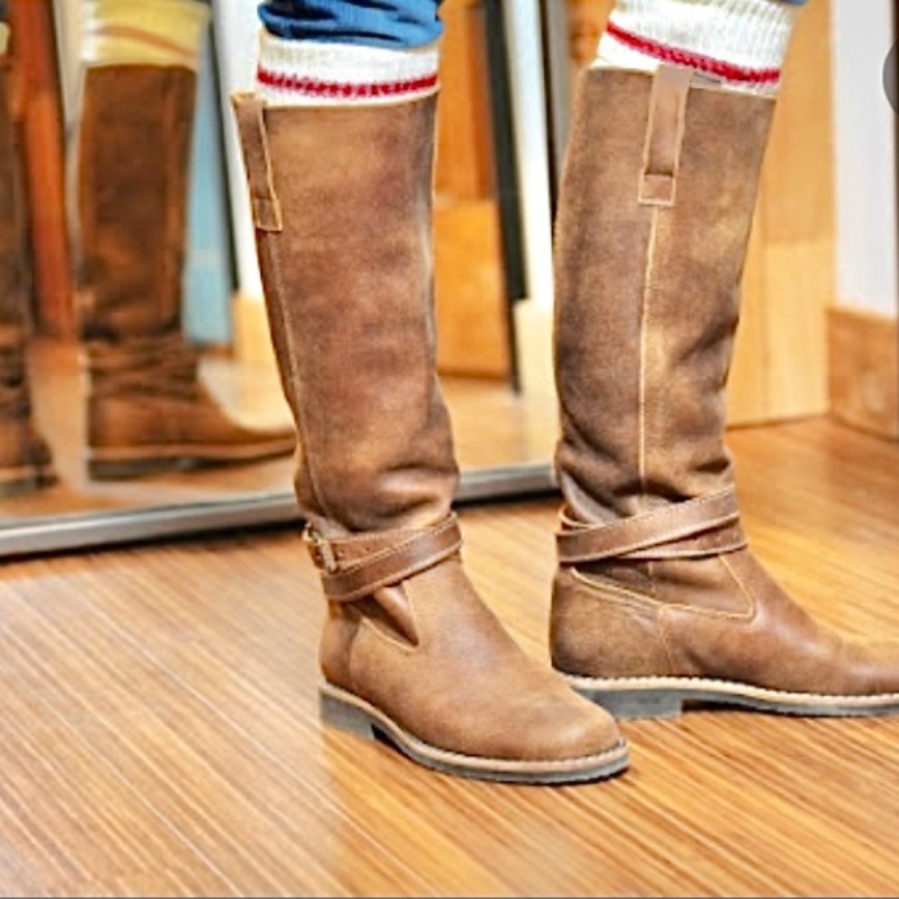 ROOTS tall western belted RIDING boots in distressed TRIBE leather